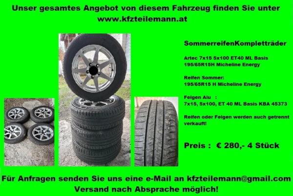 Sommerreifen Kompletträder Alu 7x15 5x100 195/65R15H Micheline